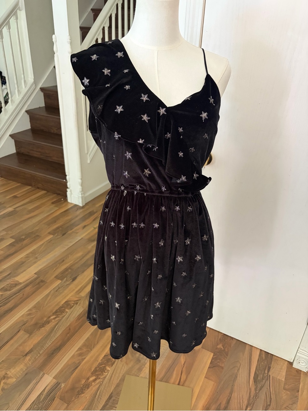 Aqua One-Shoulder Black Velvet Silver Star-Embroidered Dress, Medium